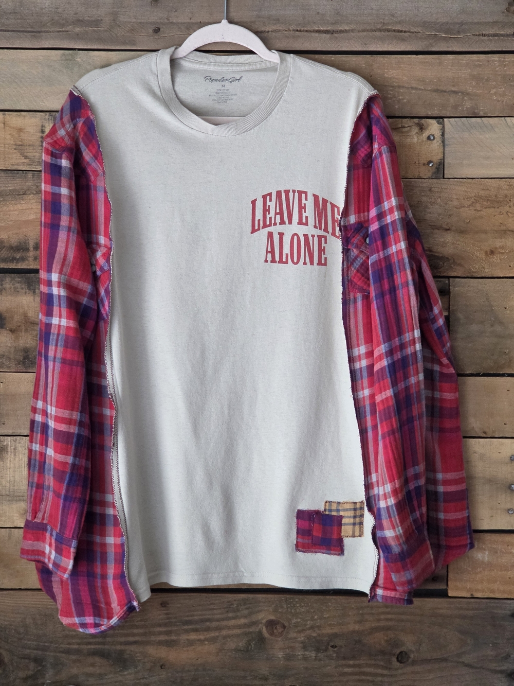 Upcycled Leave Me Alone Graphic Tee with Red Plaid Sleeve Detail - Picture 3 of 12